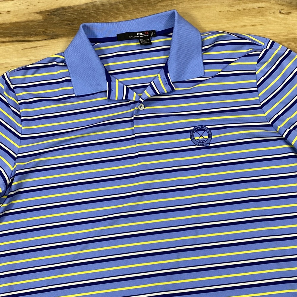 RLX Ralph Lauren Polo Mens L Blue Striped Performance Stretch Golf Shirt Sport